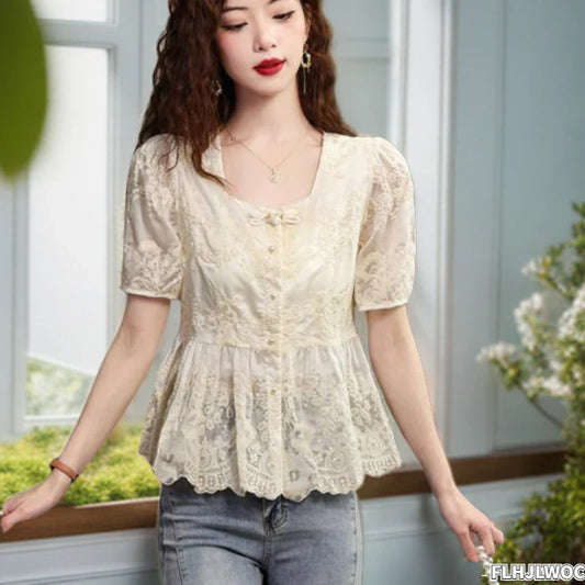 Cralom Embroidered Peplum Button Blouse | Women's Vintage Chic Slim Shirt
