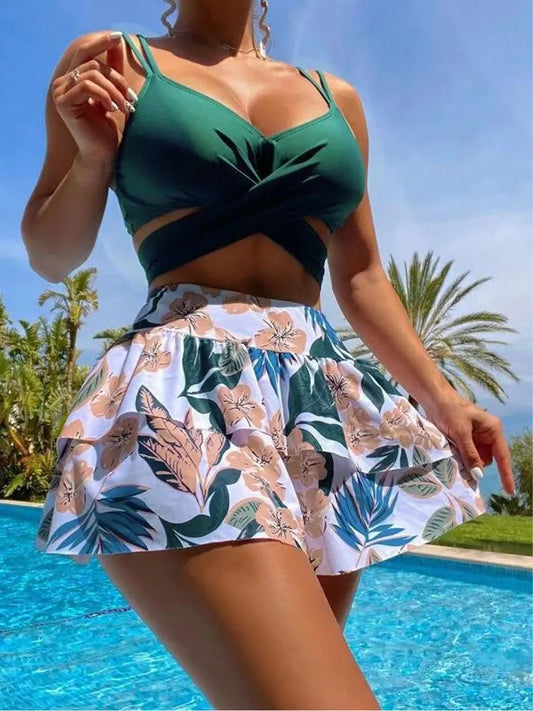 Cralom Floral Print Bikini Set with Skirt Cover-Up