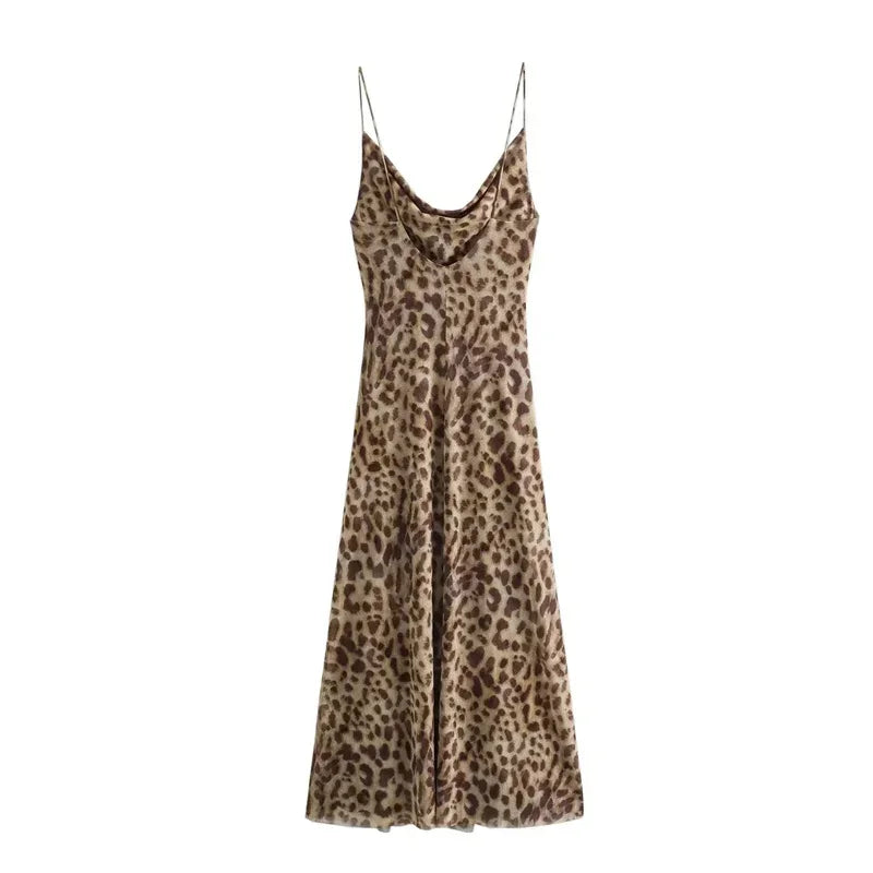 Cralom Leopard Print Tulle Backless Midi Slip Dress for Women
