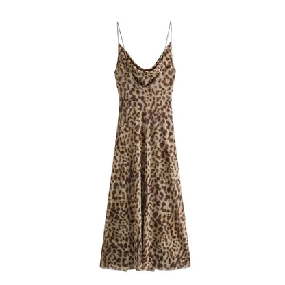 Cralom Leopard Print Tulle Backless Midi Slip Dress for Women