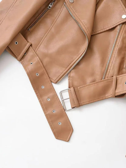 Cralom Faux Leather Jacket with Belt Zipper Lapel Spring Autumn Coat Women's Outwear
