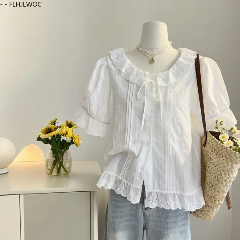 Cralom Ruffled Lace Summer Top - White Short Sleeve Casual Hollow Out Shirt