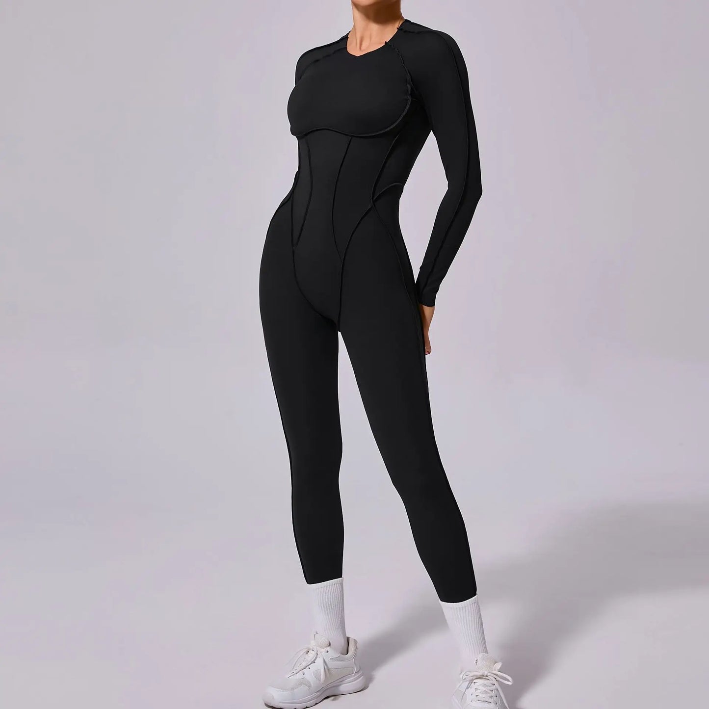 Cralom Seamless Backless Yoga Bodysuit - Slim Fit Long Sleeve One-Piece