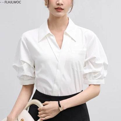 Cralom Women's V-Neck White Shirt - Summer Work Blouse with French Design