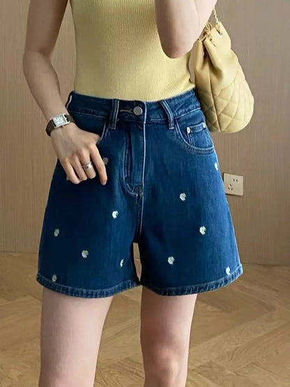 Cralom Vintage Denim Shorts High Waist Wide Leg Pants