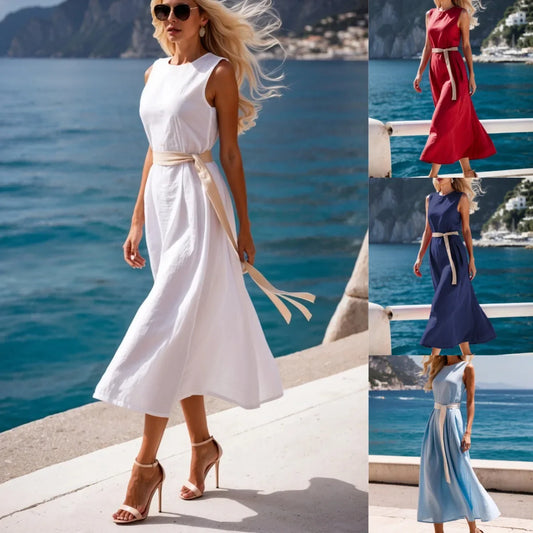Cralom Sleeveless Medium Length Solid Color Dress with Waist Strap