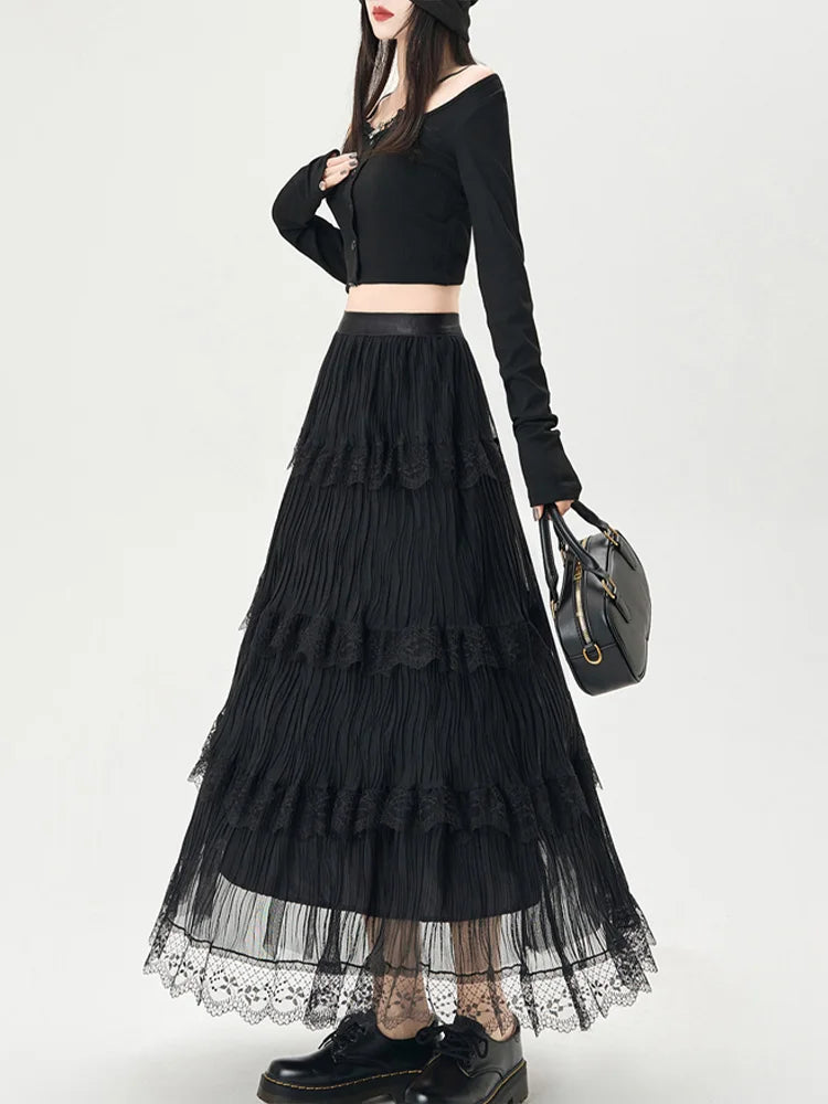 Cralom Lace Spliced A Line High Waist Pleated Skirt 2025 Elegant Summer Fashion