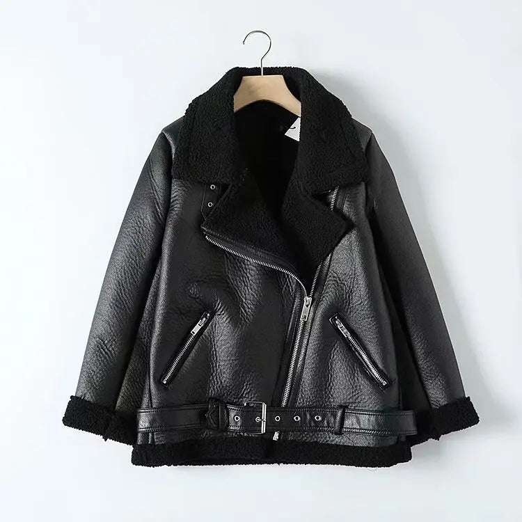 Cralom Women's Sheepskin Aviator Jacket Faux Leather Fur Winter Coat