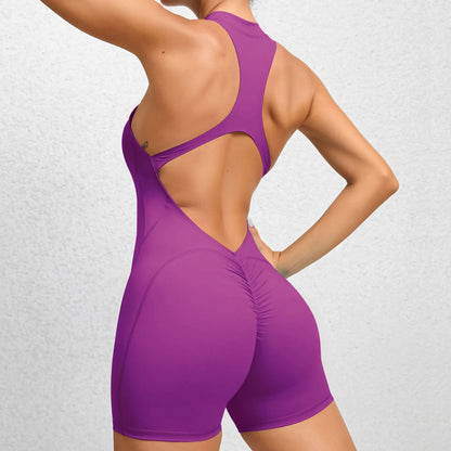 Cralom Seamless Yoga Bodysuit: Zip-Front Peach Booty Ruched One-Piece