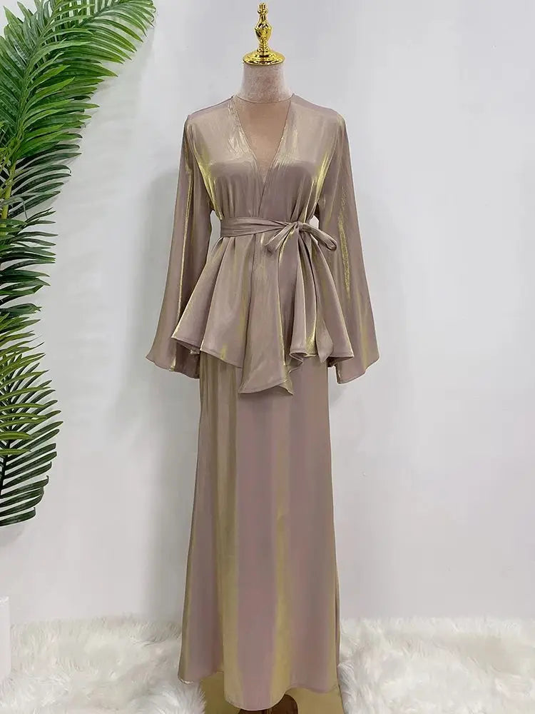 Cralom Cralom Ramadan Satin Abaya Modest Dress Set Women's Kaftan