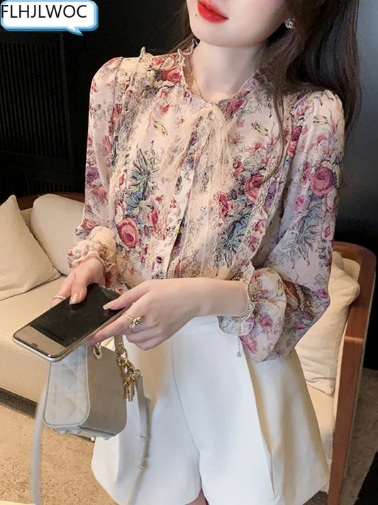 Cralom Chic Floral Button Blouse - Pink Ruffled Tops for Women