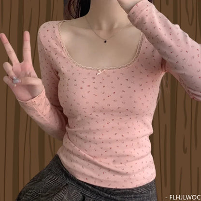 Cralom Flower Print Vintage Long Sleeve O Neck Tee