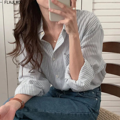 Cralom Striped Boyfriend Shirts: Sweet Girls' Retro Tops for a Cute Preppy Look