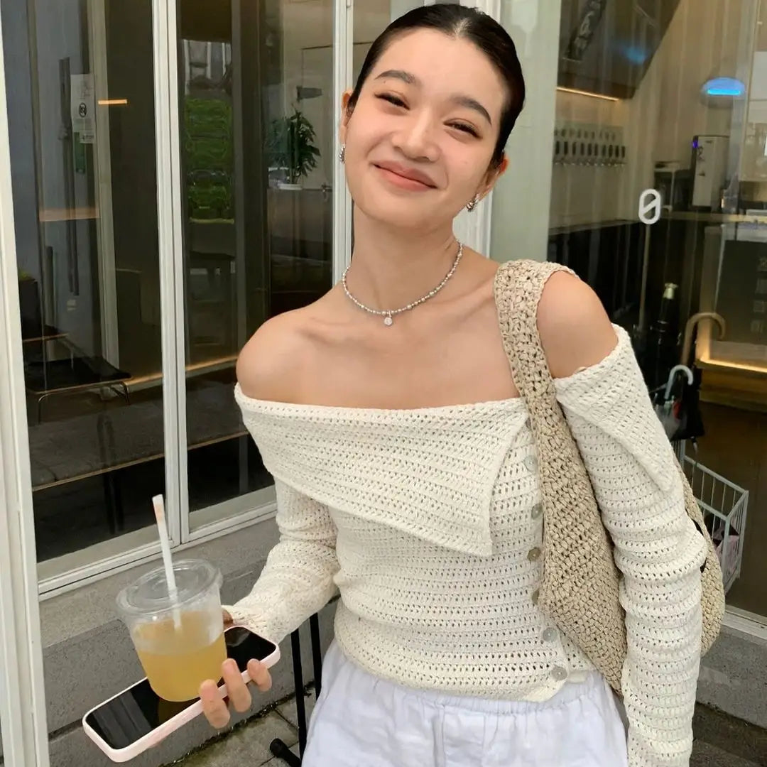 Cralom Women's Slant Neck Knitted Top | Off Shoulder Button Sweater