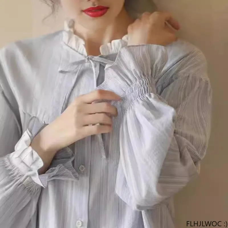 Cralom Sweet Girls Blue Stripe Button Shirt - Preppy Style Chic Stand Collar Blouse