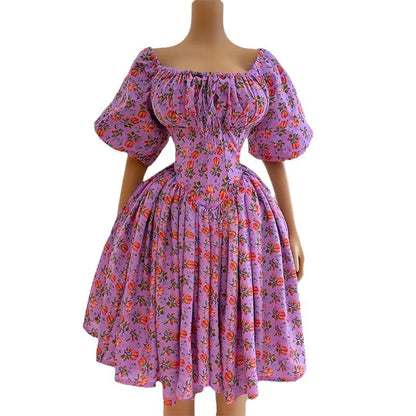 Cralom Printed Lace Up Lantern Sleeves A-line Dress - 2025 Spring Collection