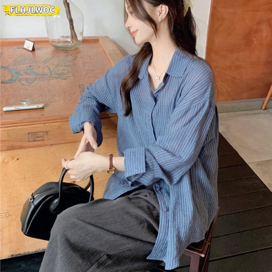 Cralom Striped Boyfriend Shirt: Lazy Korea Style Retro Loose Button Long Sleeve Blouse