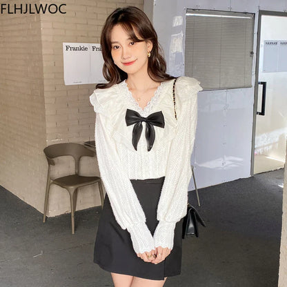 Cralom Lace Ruffle Bow Tie Blouse - White