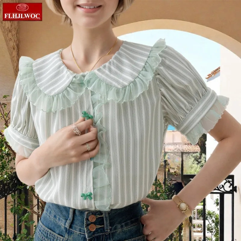 Cralom Butterfly Button Peter Pan Collar Blouse Cute Preppy Style Women Tops