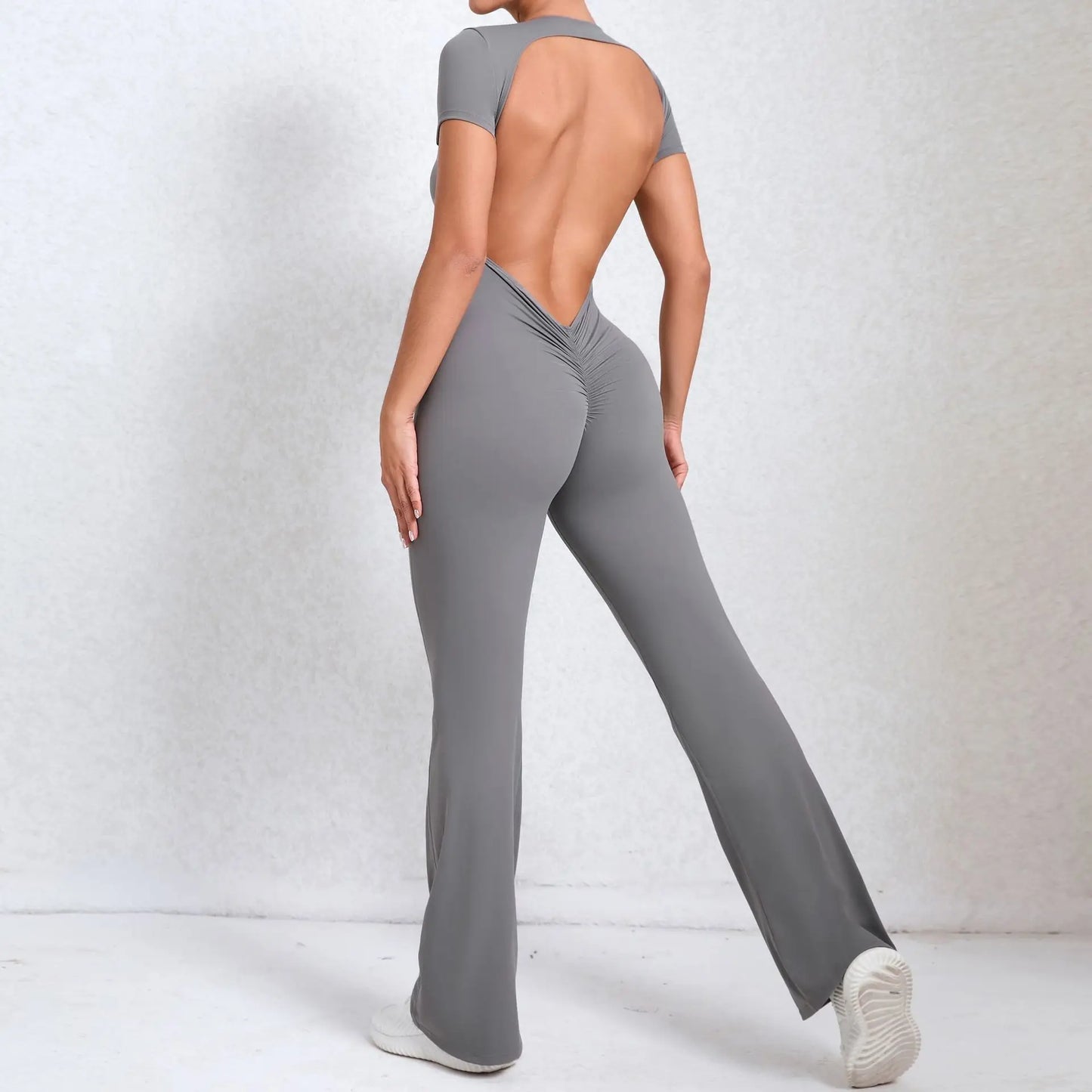 Cralom Deep Backless Yoga Jumpsuit - Flared Leg Naked Feeling Gym Wear