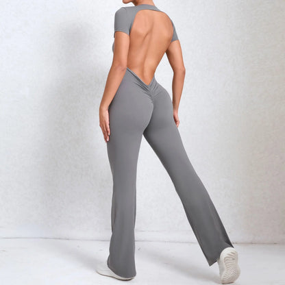 Cralom Deep Backless Yoga Jumpsuit - Flared Leg Naked Feeling Gym Wear