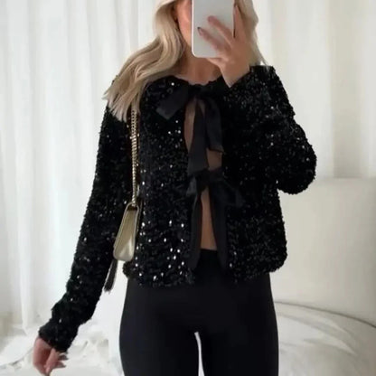 Cralom Sequin Patchwork Lace Up Jacket - Stylish Women's Coat