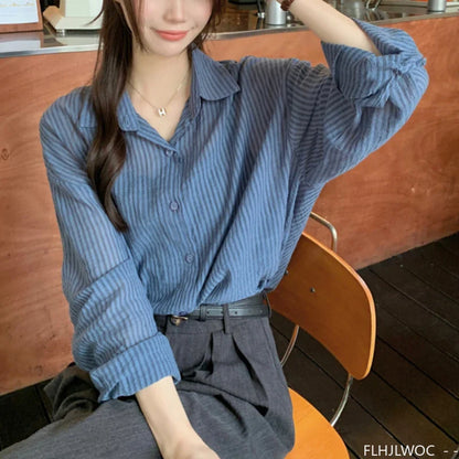 Cralom Striped Boyfriend Shirt: Lazy Korea Style Retro Loose Button Long Sleeve Blouse
