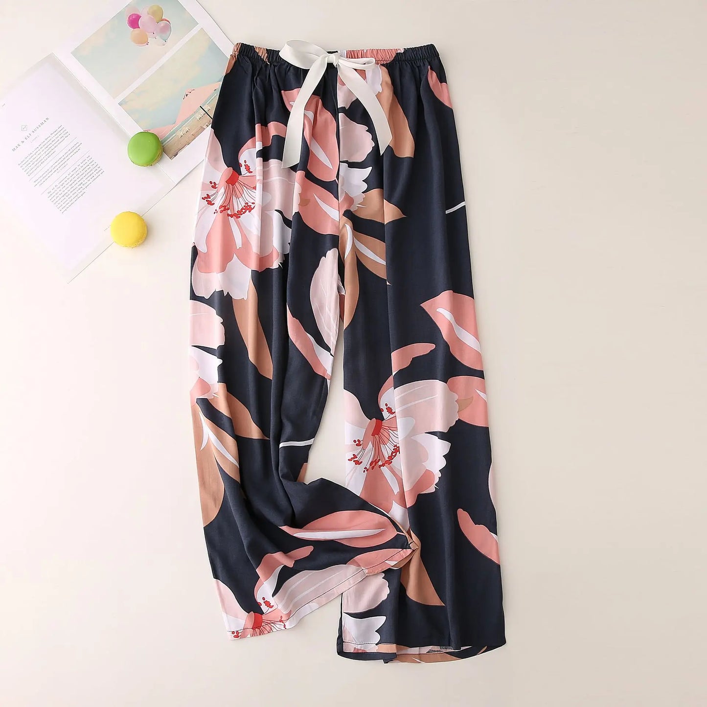 Cralom Floral Cotton Silk Pajama Pants Women's Loose Wide-leg Trousers