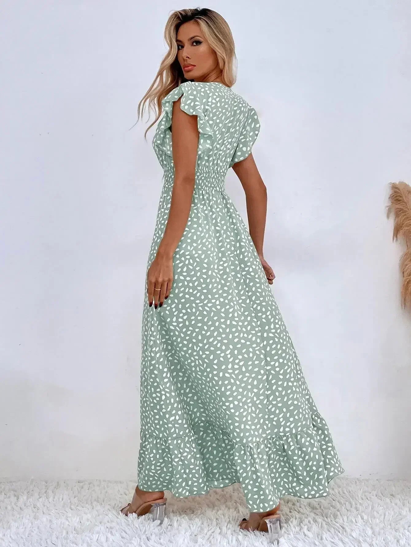 Cralom Floral V-Neck High Waist Dress with Lotus Leaf Sleeves for Summer 2025