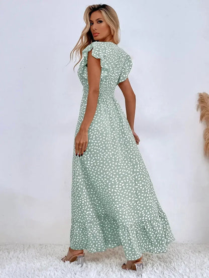 Cralom Floral V-Neck High Waist Dress with Lotus Leaf Sleeves for Summer 2025