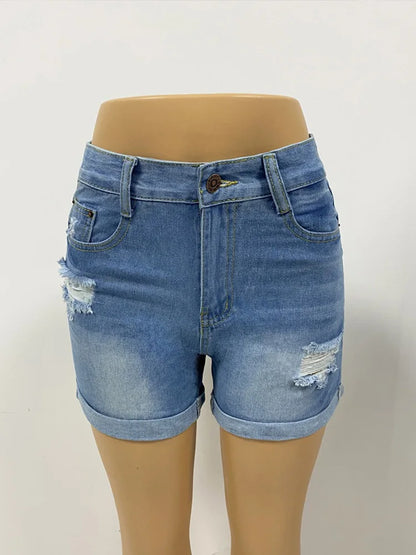 Cralom High Waist Distressed Edge Curl Denim Shorts Women's Y2K Fashion