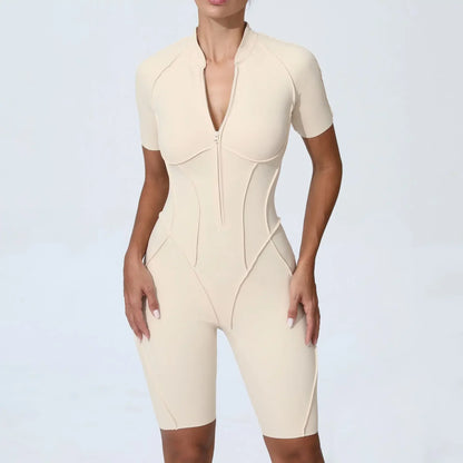 Cralom Seamless Yoga Jumpsuit Short Sleeve Fitness Bodysuit Zipper Activewear