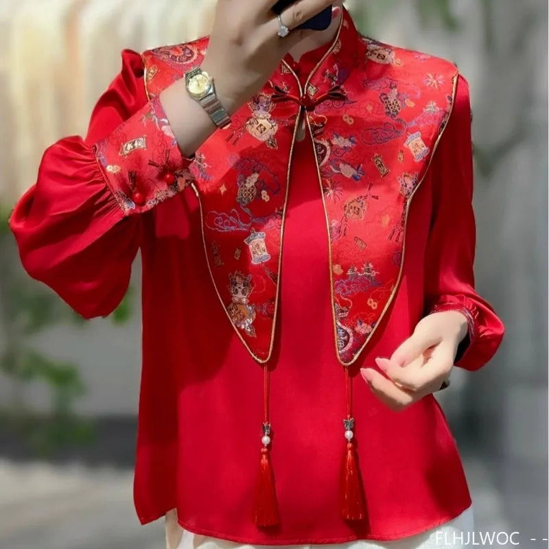 Cralom Red Chi-pao Collar Blouse 2024 Collection