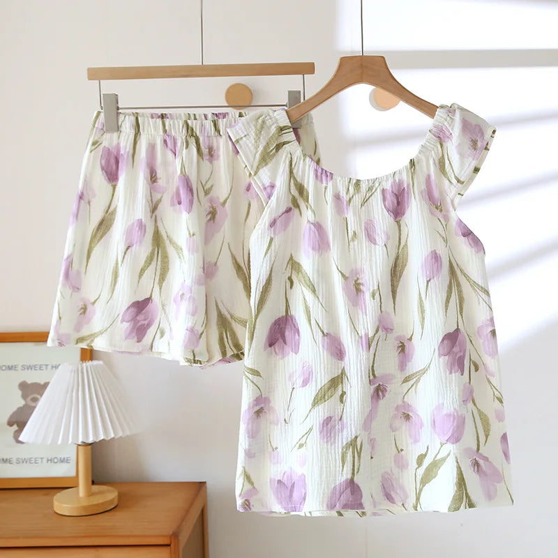Cralom 100% Cotton Crepe Summer Pajama Set: Vest & Shorts Two Piece Sleepwear