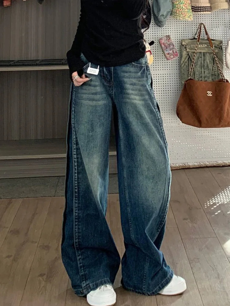 Cralom Vintage Blue Washed High Waist Straight Jeans Women's Streetwear