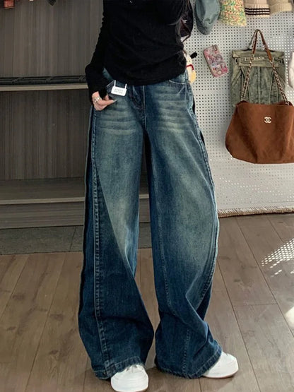 Cralom Vintage Blue Washed High Waist Straight Jeans Women's Streetwear