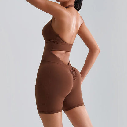 Cralom Seamless Yoga Fitness Shorts with Pockets and Backless Design
