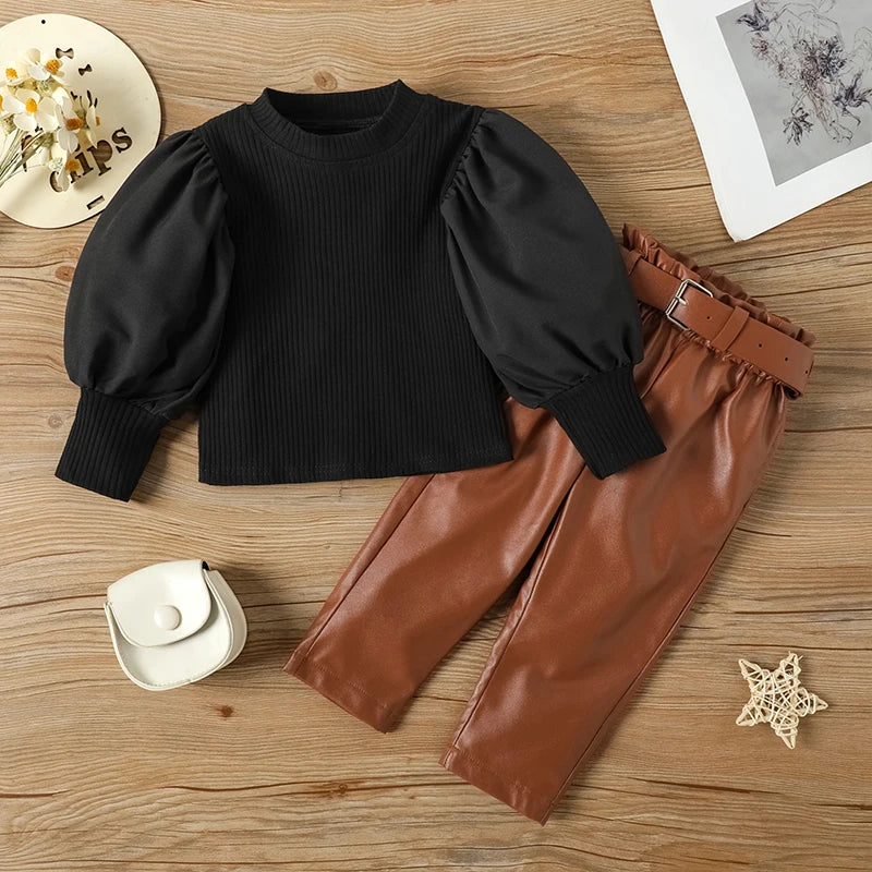 Cralom 3pcs Girl’s Puff Sleeve Ribbed Top + PU Leather Pants + Belt Set