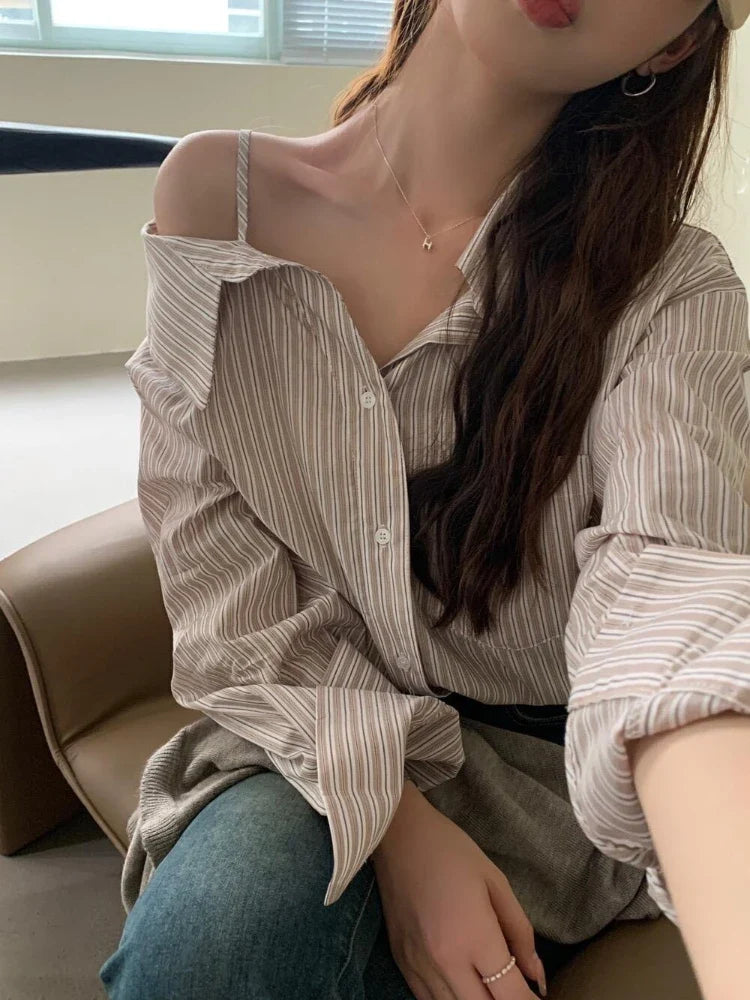 Cralom Off-Shoulder Striped Button Top: Chic, Sexy, and Casual Style