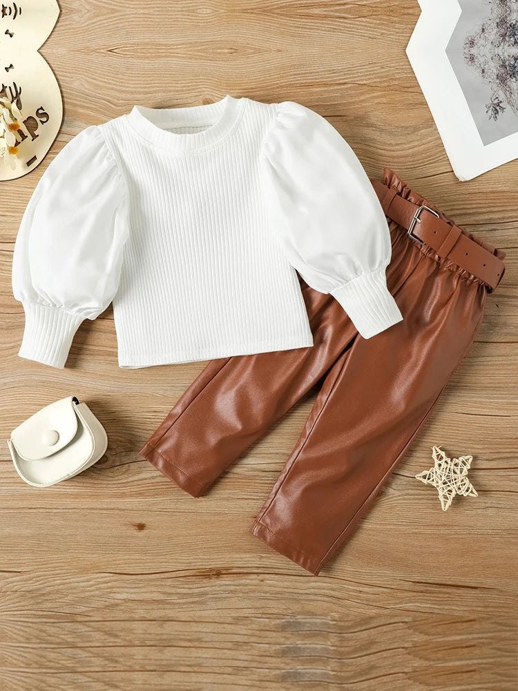 Cralom 3pcs Girl’s Puff Sleeve Ribbed Top + PU Leather Pants + Belt Set