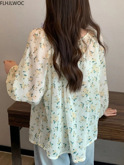 Cralom Vintage Floral Print Sheer Tops & Blouses