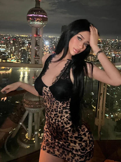 Cralom Backless Sexy Leopard Print Lace Halter Bodycon Dress for Party Clubwear