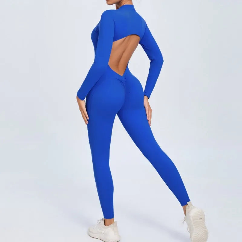 Cralom Seamless Long Sleeve Yoga Bodysuit with Back Cutout & Zipper