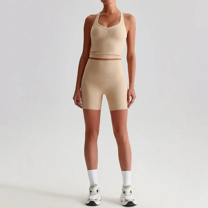 Cralom Women's Naked Feel Yoga Set with Backless Sports Bra and Butt Lifting Tight Shorts