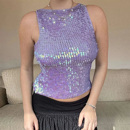 Cralom Sequined Knit Vest: Shinny Hollow Out Sleeveless O-neck Slim Camis Tops