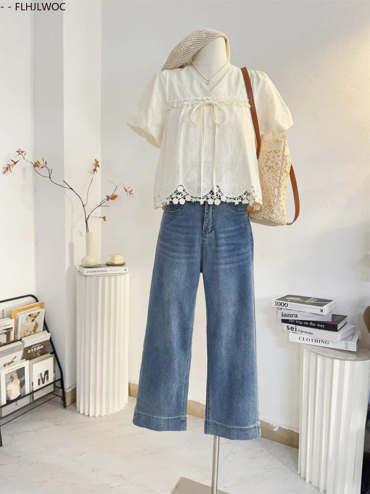 Cralom Cute Bow Tie Lace Blouse Japanese Style Summer Top