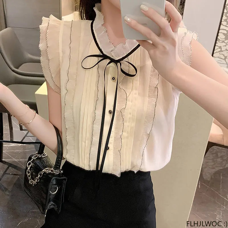 Cralom White Lace Ruffles Button Down Blouse-Limited Edition