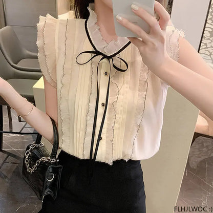 Cralom White Lace Ruffles Button Down Blouse-Limited Edition
