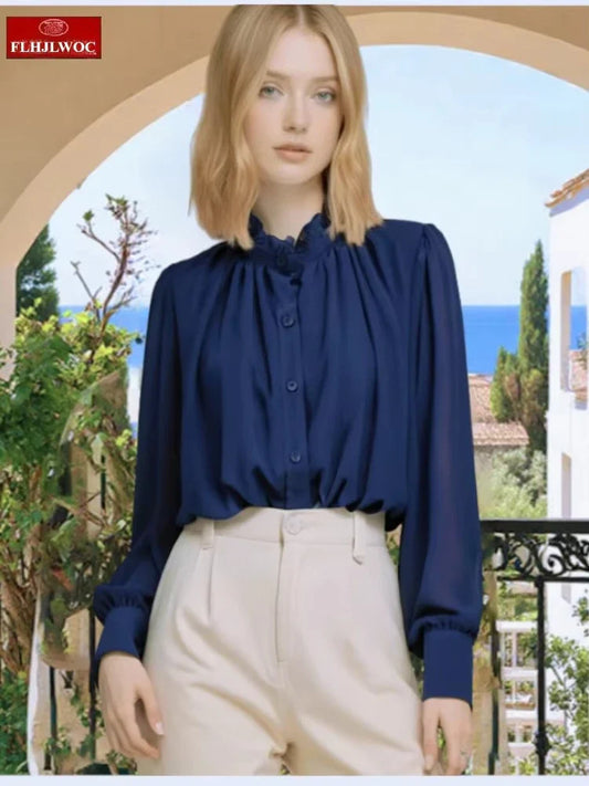 Cralom Women's Ruffled Blue Blouse, Long Sleeve Office Chic Top