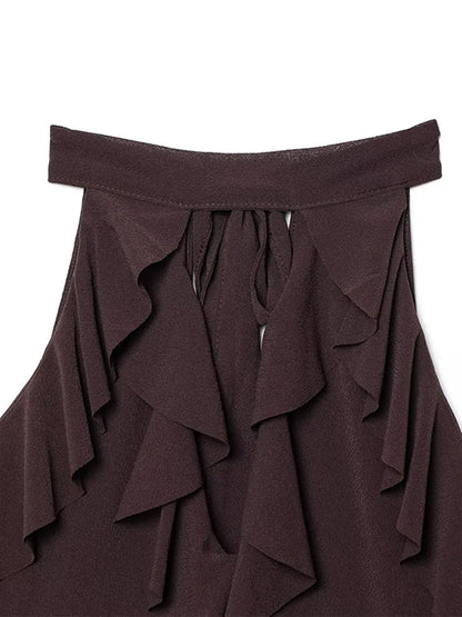 Cralom Ruffles Halter Vest Top Chiffon Hollow Out Slim Tank Tops Summer Blouses